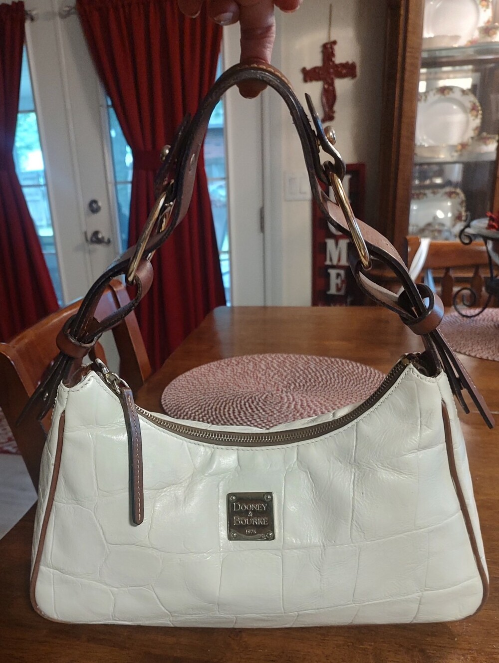 Dooney & Bourke White Croc-Embossed Leather Shoulder Bag with Brown Trim